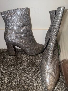 Glitter Block Heel Ankle Boots - Silver